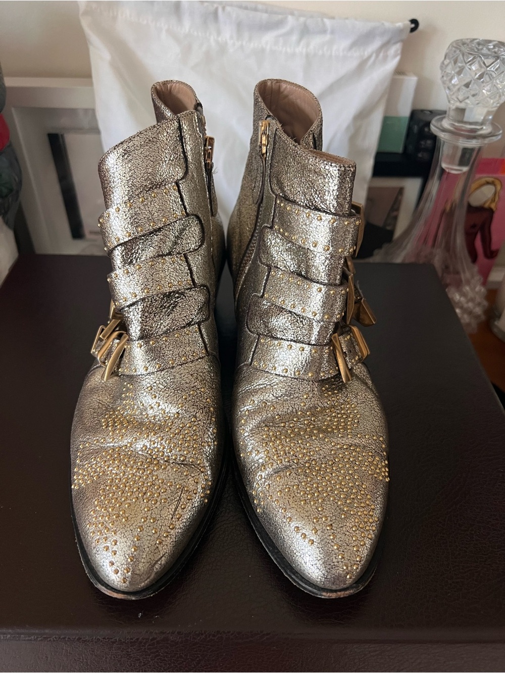 Chloé Gold Metallic Susanna Studded Buckle Boots Size 37 Great Condition